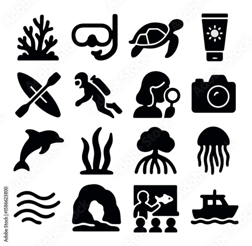 Marine eco tourism icon collection. simple eco, snorkeling, turtle, kayak, dolphin, camera, jellyfish