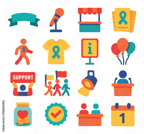 Campaign icon collection. vibrant campaign elements, linear style: ribbon, microphone, balloons