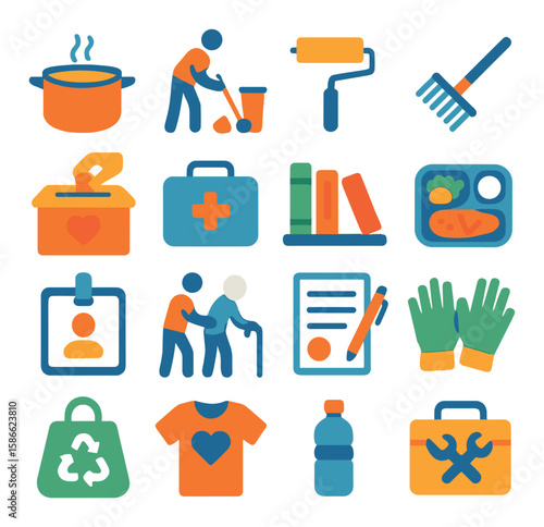 Volunteer icon collection: simple silhouette icons. donation, help, recycling, meal, care