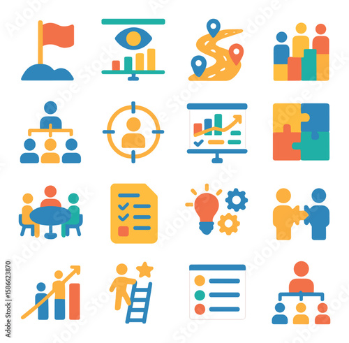 Hr strategy icon collection. modern human resources flat icons set: flag, eye, map, puzzle