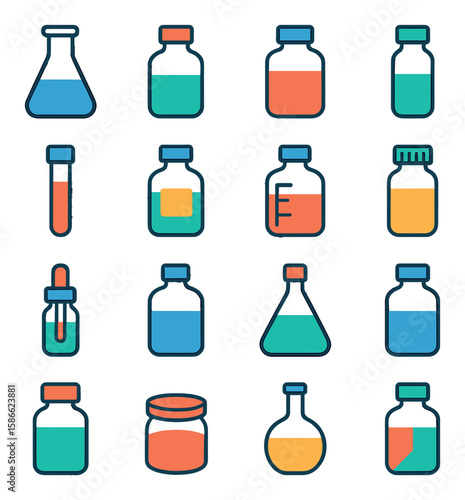 Laboratory bottle icon collection. vibrant lab equipment, glass, test tube, flask, jar silhouette