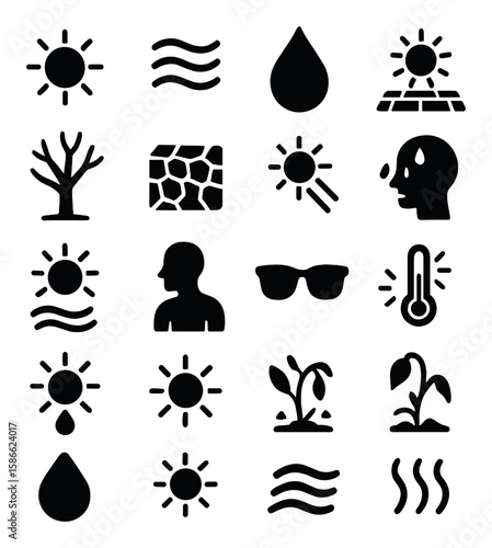 Hot weather icon collection. simple silhouette heatwave elements. sun, waves, droplet, thermometer, sunglasses