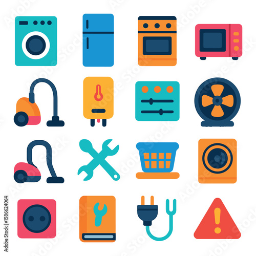 Appliance service icon collection. flat appliance repair. washer, fridge, oven, microwave, toolbox