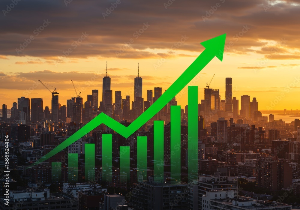 Obraz premium Financial Growth Graph over Modern City Skyline at Sunset. Economic Success and Urban Development Concept. Upward Trend Arrow on Cityscape Background. Business and Real Estate Market Growth Chart