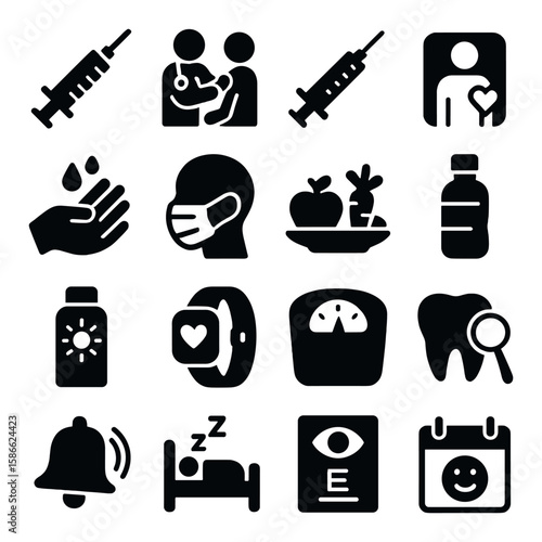 Preventive healthcare icon collection. simple health, vaccine, mask, wellness, nutrition, hygiene