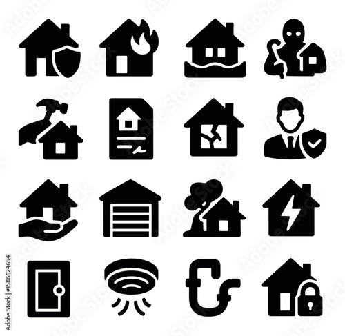 Home insurance icon collection. simple silhouette icons for flood, fire, security, storm, policy, claims, protection