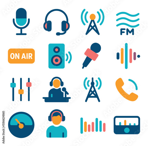 Radio setup icon collection. simple compose icons: microphone, headset, antenna, fm, sound, control
