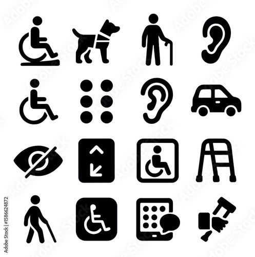 Disability support icon collection. simple silhouette icons for accessibility: wheelchair, cane, ear, dog, braille, walker, vehicle, eye, phone, tools