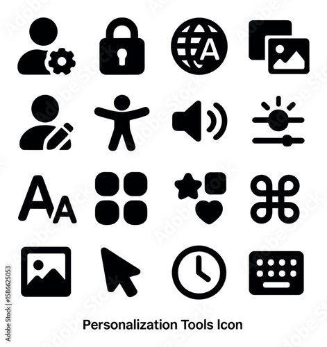 Personalization tools icon collection. simple silhouette settings, lock, globe, sound, keyboard