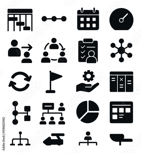 Project coordination icon collection. simple silhouette workflow, task, schedule, chart, network
