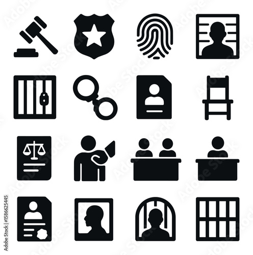 Criminal justice icon collection. court, fingerprint, prison, badge, silhouette