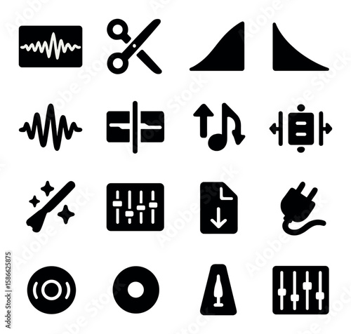 Sound editing icon collection: silhouette style soundwave, scissors, equalizer, plug