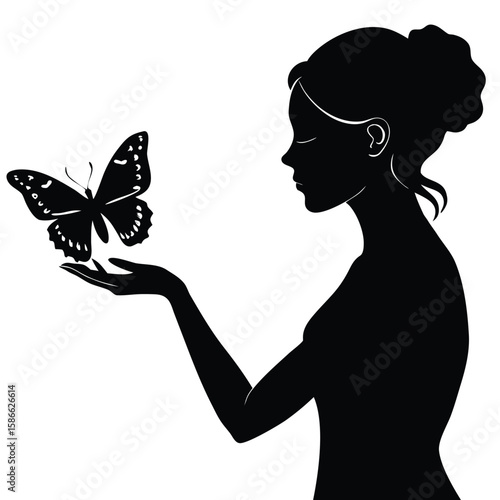  a young girl holding a butterfly on her finger, soft and peaceful pose, vector on white background, ideal for gentle self-expression and healing concepts 