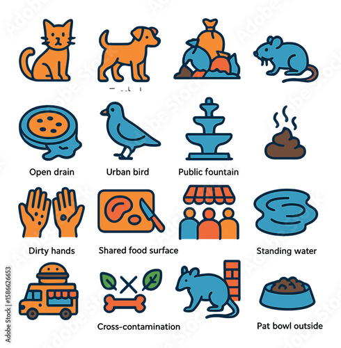 Urban zoonotic risk icon collection. simple linear vectors: cat, dog, trash, rat, pigeon, hygiene, fountain, burger, cross-contamination