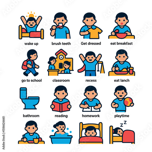 Daily routine icon collection. vibrant flat style wake up, school, homework, playtime