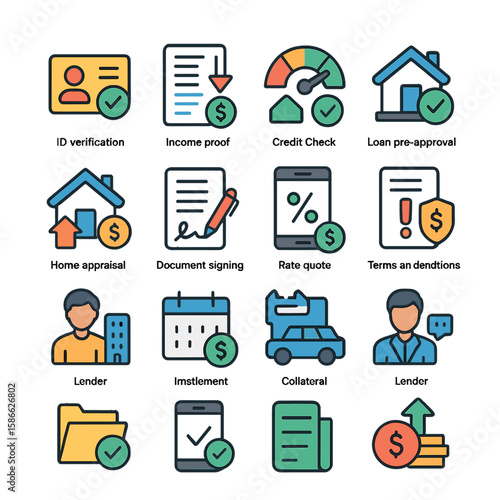 Loan process icon collection: simple linear id, credit check, appraisal, collateral