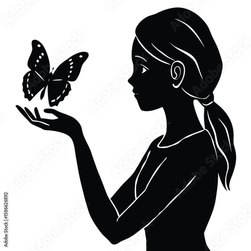  a young girl holding a butterfly on her finger, soft and peaceful pose, vector on white background, ideal for gentle self-expression and healing concepts 