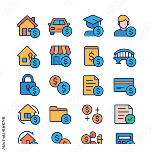 Loan icon collection: colorful simple loan, mortgage, credit, finance, savings,