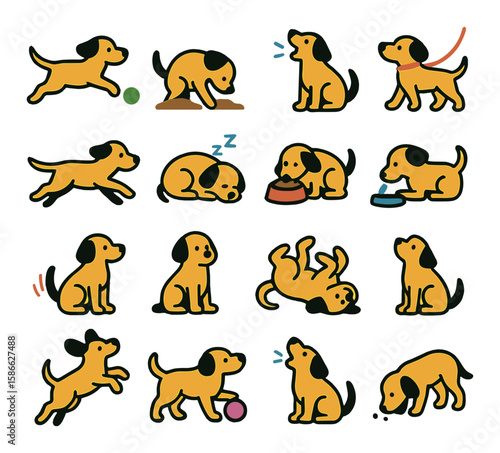Dog activity icon collection. pet behavior flat icons: walk, sleep, eat, bark, fetch
