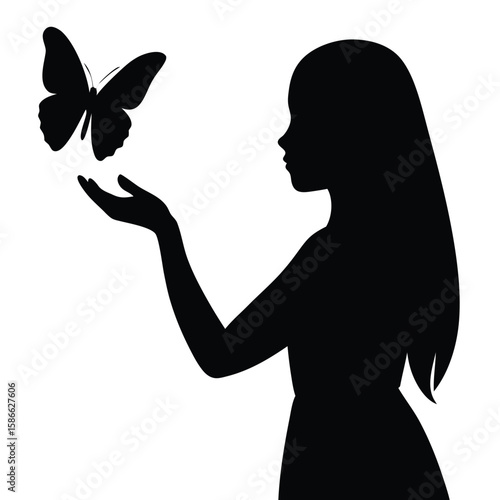  a young girl holding a butterfly on her finger, soft and peaceful pose, vector on white background, ideal for gentle self-expression and healing concepts 