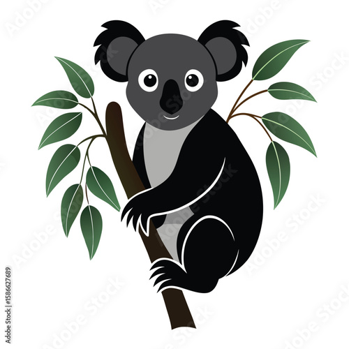  Pure black design of a koala clinging to a eucalyptus tree branch, side view with rounded ears and big nose detail, isolated on white background. 