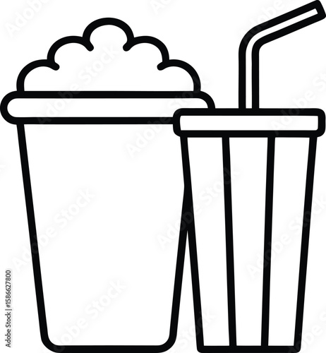 Outline icon of a popcorn bucket and soft drink cup isolated on transparent background