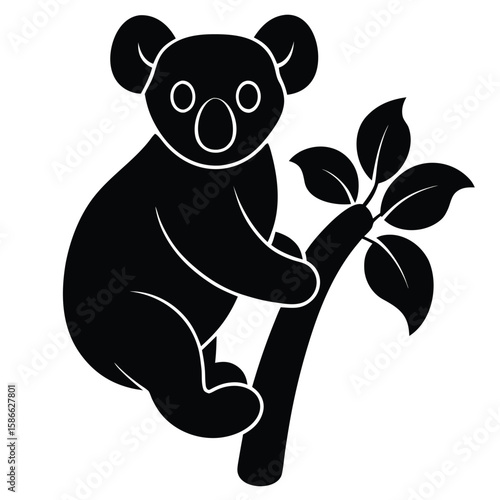  Pure black design of a koala clinging to a eucalyptus tree branch, side view with rounded ears and big nose detail, isolated on white background. 
