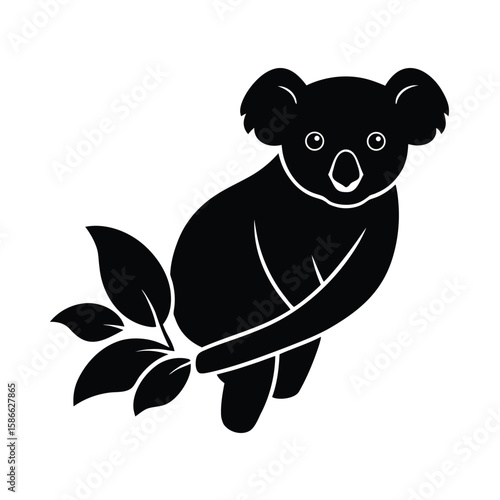  Pure black design of a koala clinging to a eucalyptus tree branch, side view with rounded ears and big nose detail, isolated on white background. 