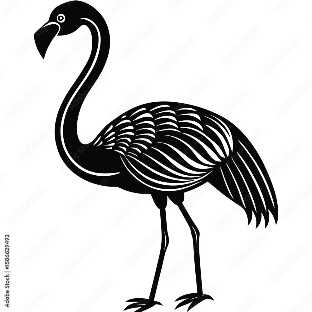 Obraz premium Pure black flat design of a standing flamingo with one leg raised, elegant curved neck and detailed beak, isolated on white background. 