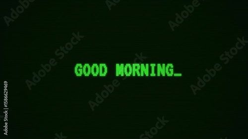 Retro computer screen displays digital GOOD MORNING greeting in 8-bit style graphics showcasing morning vibe and nostalgia for tech enthusiasts