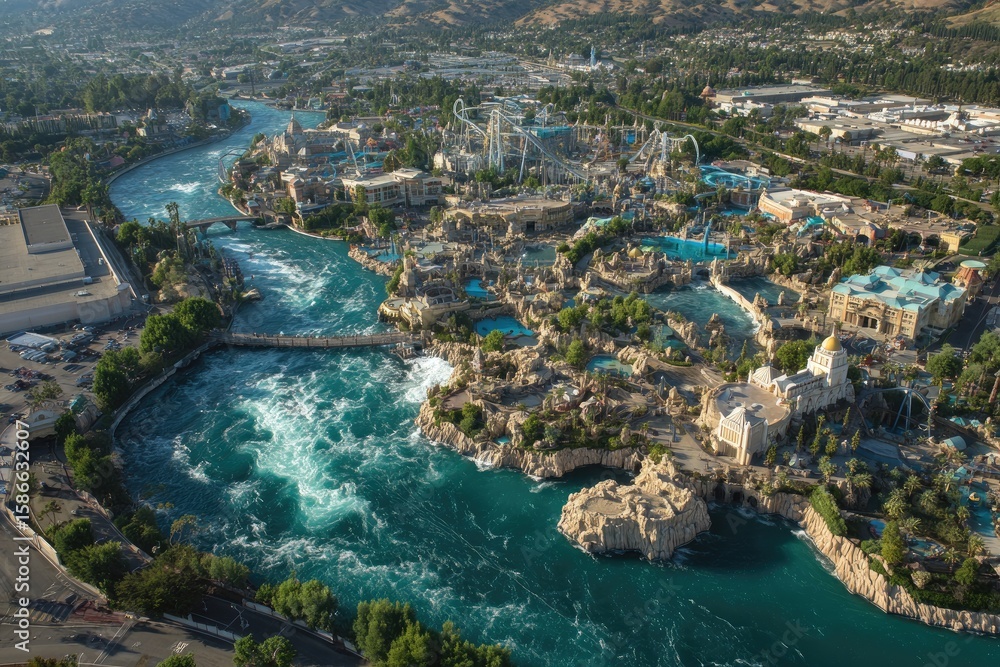 Fototapeta premium Aerial view of water park, city, and mountains. Use tourism, travel