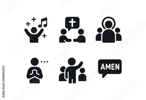 Religious icons set with worship, prayer, community, and faith symbols