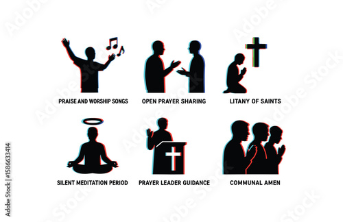 Worship activities silhouettes: prayer, singing, meditation, and guidance