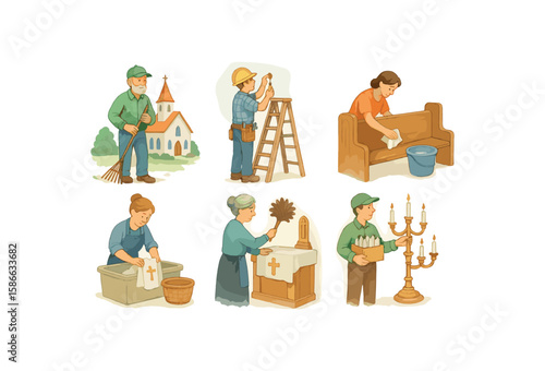 Church community volunteers performing maintenance and cleaning tasks