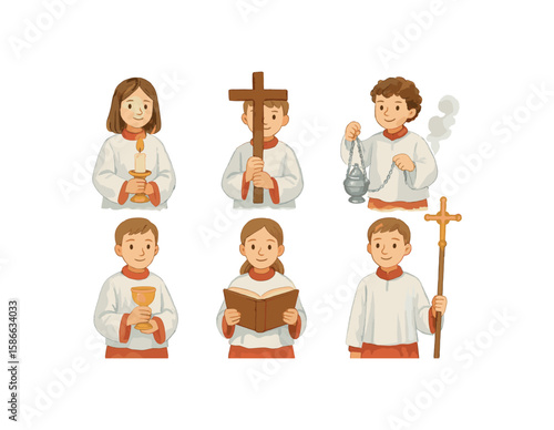 Children as church altar servers with liturgical items in hand