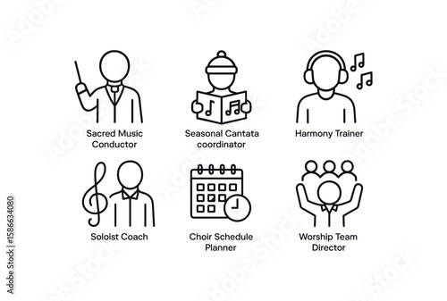 Outline icons of music roles: conductor, coordinator, trainer, coach, planner, director