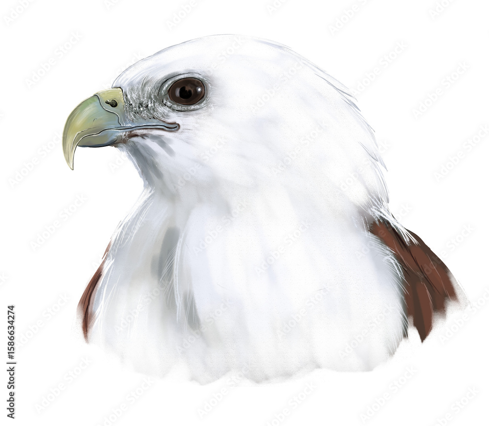 Fototapeta premium Illustration of Brahminy Kite, a majestic raptor with white head and chestnut body, often seen soaring over coasts and estuaries.
