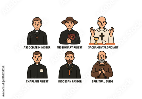 Male caucasian priests in various roles: minister, missionary, officiant, chaplain, pastor, spiritual guide