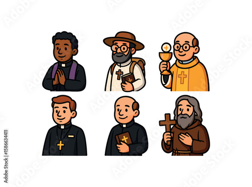 Cartoon religious male clergy figures in various attire and accessories