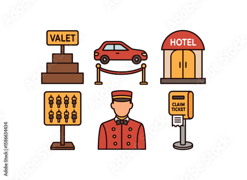 Valet service icons: bellhop, car, hotel, key rack, claim ticket