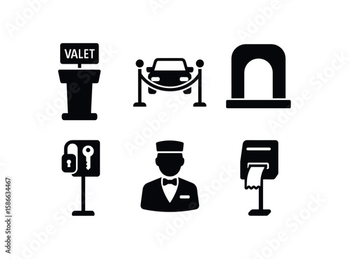 Valet service icons set with car, attendant, key, and ticket symbols