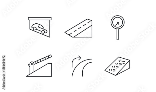 Car garage icon set with road barriers and direction signs