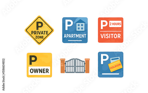 Parking signs collection: private, apartment, visitor, owner, violation, gate