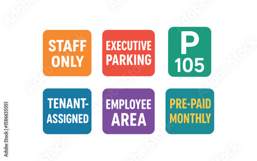 Parking signage collection: staff only, executive parking, tenant assigned, employee area, pre-paid monthly, p105