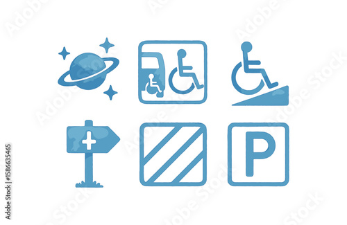 Blue disability icons including wheelchair, accessible parking, and ramp symbols