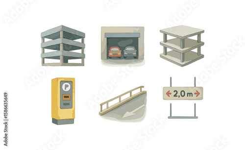 Watercolor parking icons: garage, cars, ticket machine, height limit