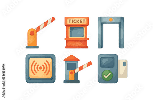 Urban transit icons set: ticket booth, barrier, checkpoint, contactless payment, security gate
