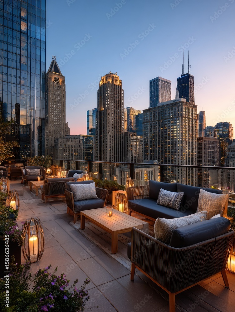 Obraz premium Rooftop patio at twilight with city views