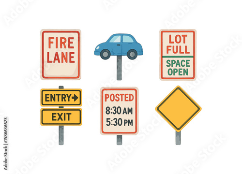 Road signs collection: fire lane, lot full, entry exit, timings, caution symbols
