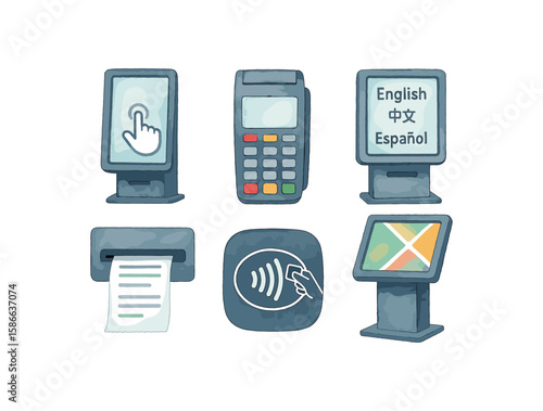 Digital payment icons set with touch screen, card reader, multilingual display